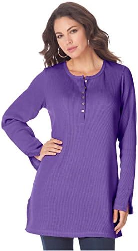 Roamans Women's Plus Size Thermal Henley Tunic (Deep Purple,M)