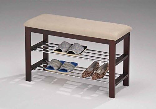 Legacy Decor Walnut and Beige Wood Shoe Bench with Two Metal Racks and Vinyl Seat Cushion