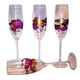 ArtisanStreet's Tall Champagne Flutes. Set Of 4 Hand Painted Champagne Glasses With Abstract Design In Deep Fuchsia, Purple And Gold. One Of A Kind Signed By Artisan.