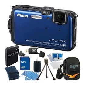 Nikon COOLPIX AW100 16 MP CMOS Waterproof Digital Camera with GPS and Full HD 1080p Video (Blue) Super Bundle