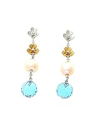 10.27CTW 14K White Gold Genuine Orange Pearl / Blue Topaz and Diamond Dangling Earrings