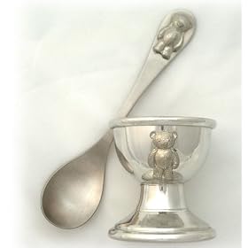 Pewter Childs egg cup & spoon with teddy bear motif