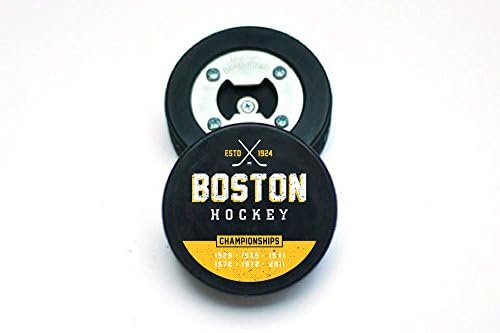 The PuckOpener Boston Champs Hockey Puck Bottle Opener, Magnetic Cap Catcher, Coaster