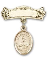 14K Gold Baby Badge with Scapular Charm and Arched Polished Badge Pin