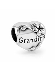 925 Sterling Silver Heart Flower Love Grandma Bead Charm