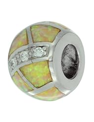 Sterling Silver Pandora Type Barrel Bead Charm w/ Yellow Synthetic Opal Inlay CZ stones, 3/8" (9mm)