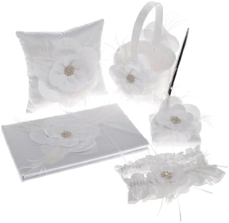 Topwedding Camellia Inspired White Satin Ring Pillow Basket Guest Book and Pen Set with Garter