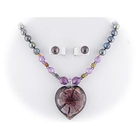 Lavender Murano Glass Heart Flower Pendant Freshwater Pearl Necklace Earrings ne1237