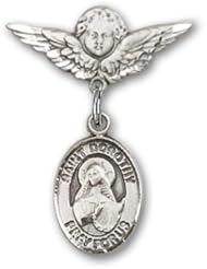 Sterling Silver Baby Badge with St. Dorothy Charm and Angel with Wings Badge Pin