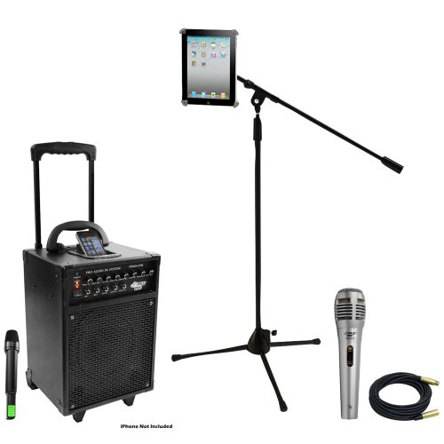 Pyle Speaker, Mic, Cable and Stand Package - PWMA930I 600 Watt VHF Wireless Portable PA Speaker System/Echo W/Ipod Dock - PDMIK1 Professional Moving Coil Dynamic Handheld Microphone - PMKSPAD1 Multimedia Microphone Stand With Adapter for iPad 2 (Adjustable for Compatibility w/iPad 1) - PPMCL30 30ft. Symmetric Microphone Cable XLR Female to XLR Male