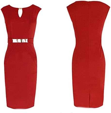 DDLBiz Womens Party Evening Bodycon Gold Pencil Fashion Dress Belt Business (M, Red)