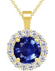 18K Yellow Gold Round Cut Blue Sapphire And Round Diamond Pendant (GIA Certificate)