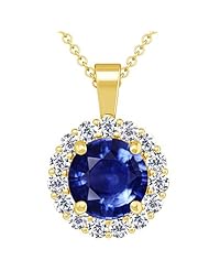 14K Yellow Gold Round Cut Blue Sapphire And Round Diamond Pendant (GIA Certificate)