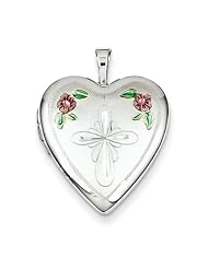 Sterling Silver 20mm Enameled Flower and Cross Heart Locket