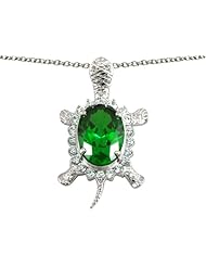 Original Star K (tm) Good Luck Turtle Pendant With Oval Simulated Emerald in .925 Sterling Silver
