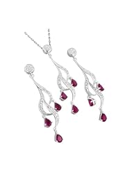 Sterling Silver and Pear Shaped Red Cubic Zirconia Cascading Curls Pendant and Earrings Set