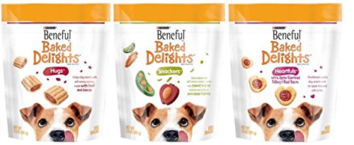 Purina Beneful Baked Delights Dog Snacks 3 Flavor Variety Bundle: (1) Purina Heartfuls With Apple Flavored Filling & Real Bacon, (1) Purina Snackers With Peanut Butter & Cheese Flavors, and (1) Purina Hugs With Beef and Cheese, 8.5 Oz. Ea.
