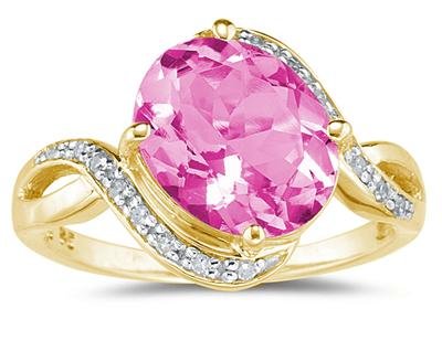 Oval Shaped Pink Topaz and Diamond Curve Ring in 10K Yellow Gold