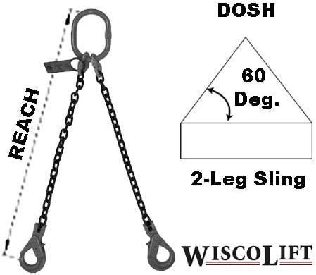 Grade 100 Alloy Chain Sling (DOSH), 2 Leg, Cap. (60 Deg.) 26000 Lbs., 1/2" Chain, 6' Reach