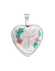 Sterling Silver Small Heart Locket Necklace Engraved Cross 5/8 inch