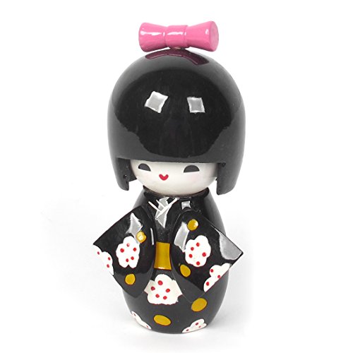 Wood Floral Kimono Smiling Girl Kokeshi Doll Toy Black
