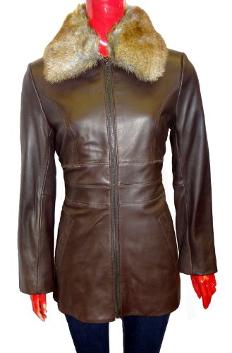 Ann Klein Zip Out Fur Collar Leather Jacket-Brown-L