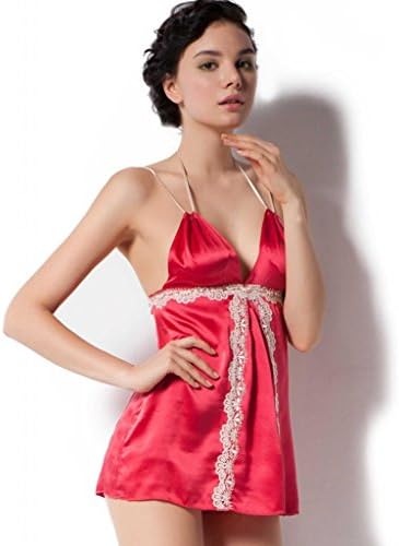 Sangluo Women's Pure Mulberry Silk Sexy Lace V Neck Chemise Nightie Set Red Large