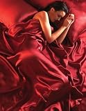 Red Satin 6Pcs Fitted Sheet Duvet Quilt Cover Bed Set, Double