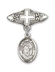 Sterling Silver Baby Badge with Our Lady of Mercy Charm and Badge Pin with Cross