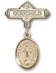 14K Gold Baby Badge with Our Lady of All Nations Charm and Godchild Badge Pin