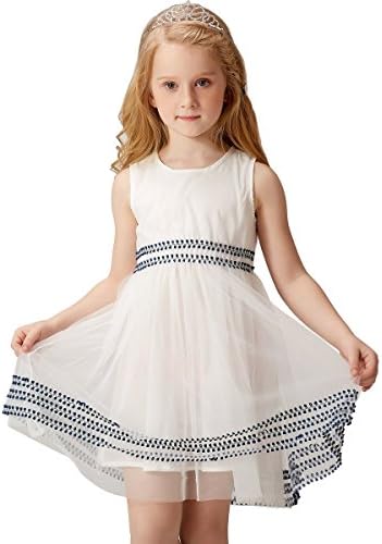 BILIBAYA Girls Sleeveless Casual Dress with Blue Embroidery(Size 5)