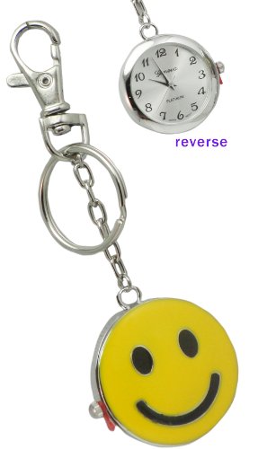 Smiley Happy Face Chain & Split Key Ring Pocket Watch Clip Keychain Watch