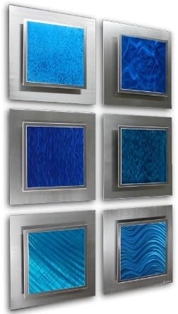 Dark Blue to Light Blue Wall Art Decor 'Noia 6 Vertical' - 45x30 in. - Six Square Panels of Unique Grind Patterns in Blue Shades - Silver Abstract Art - Contemporary Artwork