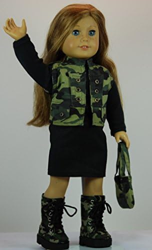 Camo &amp; Black 5 pc Skirt Outfit incl Camouflage Boots and fits 18 inch American Girl dolls.