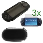 GTMax Black Silicone Skin Cover Case + Black Eva Leather Pouch Cover Case with Belt Clip for Sony PSP 3000 + 3x Clear LCD Screen Protector for Sony PSP