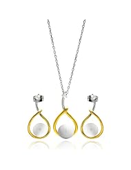 Nickel Free Sterling Silver Necklace & Earring Sets Gold Plated Open Teardrop Pearl With Cubic Zirconia Set Pendant 12Mm X 25Mm Earring 12Mm X 24Mm Chain Adjustable 16"-18"
