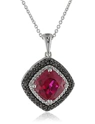 Sterling Silver and Cushion Created Ruby with Black and White Diamond Accents Pendant Necklace, 18"