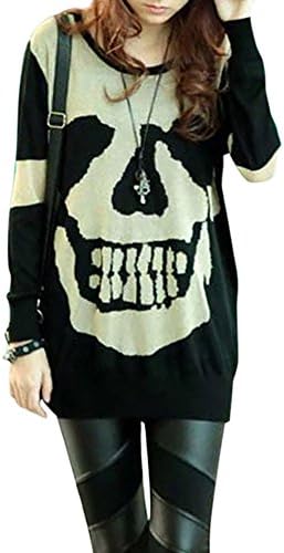 Martha Women's Loose Skull Pattern Pullover Sweater(Black,US 10-12)