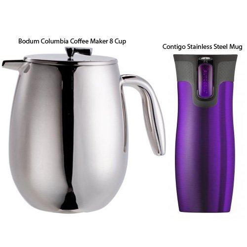Bodum Columbia Colombian Coffee Maker 8 Cup French Press + Contigo Autoseal Stainless Steel Mug Purple