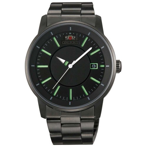 Orient ER02005B Men's Disk Automatic Unique Rotating Disk Hour Hand Green Accents Black Dial Watch