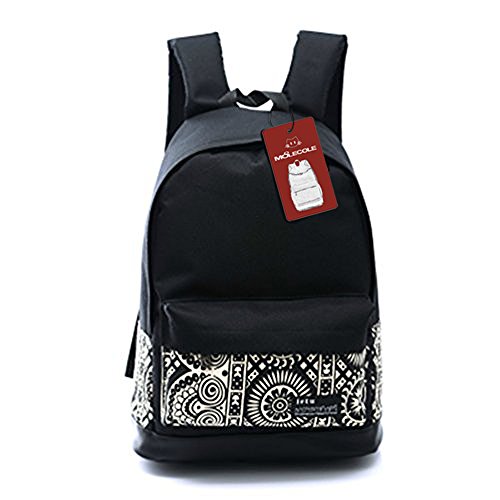 Moolecole College Style Casual Girl Student Backpack Canvas Rucksack Travel School Shoulder Bag Daypack Black&White
