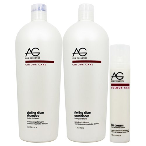 AG Hair Colour Care Sterling Silver Toning Shampoo & Conditioner 33oz & BB Cream Total Benefit Hair Primer "Set" (w/ Roll-on Body Oil)