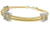 18K Yellow Gold Double-Strand, Hand-Woven Mesh Bracelet, Designed With Three Open Square Shaped White-Gold Stations, Enhanced With Pave Set Diamonds. ( GH-Color, SI-Clarity; c.t.tw.0.50 CT ).