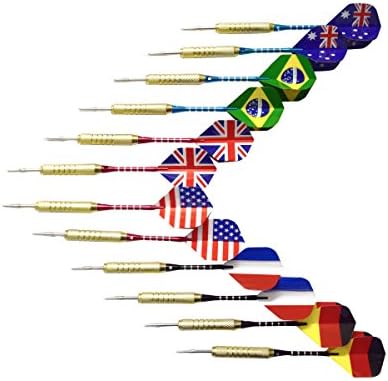 12 Pcs 2BA Aluminum Shafts Steel Tip Darts with National Flag Flights (6 Styles) 18 Grams, Extra Waterproof Pouch as Bonus