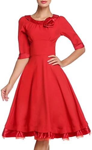 Diorot Women's Retro Hepburn Style Half Sleeve Swing Dress Red
