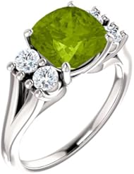 18K White Gold 8.00x8.00mm Antique Cushion Cut Peridot and Diamond Ring -- LIFETIME WARRANTY