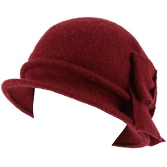 100% Wool Winter Cloche Bucket Ribbon Bow Crushable Wire Brim Church Hat Wine