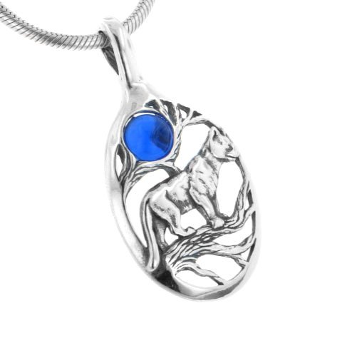 Blue Full Moon Panther / Cougar / Mountain Lion Cat in Tree Scene Sterling Silver Slide Pendant