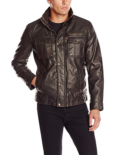Levi s Men s Faux Leather Two Pocket Classic Trucker with Sherpa Lining, Dark Brown, Medium