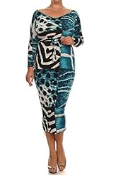 Plus Size Animal Print Leopard Print Long Sleeves Scoop Neck Bodycon Dress 